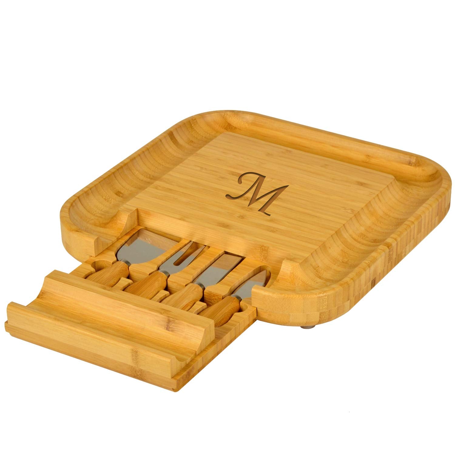 Picnic at Ascot Personalized Monogrammed Engraved Bamboo Cutting Board for Cheese & Charcuterie with Knife Set & Cheese Markers- Designed & Quality - WoodArtSupply