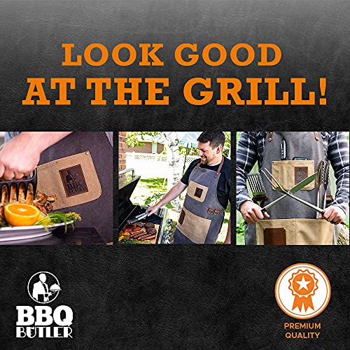 BBQ Butler Grill Apron - Adjustable Canvas Cooking Apron - XXL - Heavy Duty Smoker Apron - Grey BBQ Butler