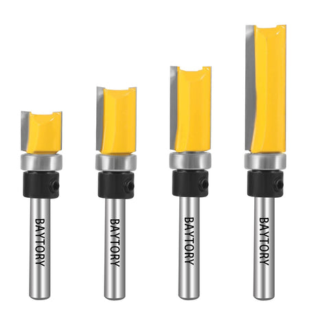 BAYTORY Professional Pattern Flush Trim Router Bit Set with 1/4 inch Shank, 4Pcs 1/2" Cutting Diameter Carbide Bits with Top Bearing Prevent BAYTORY
