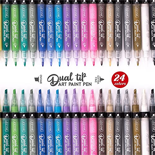 ZEYAR Dual Tip Acrylic Paint Pens 24 Colors, Board and Extra Fine Tips, Patented Product, AP Certified, Waterproof Ink, Works on Rock, Wood, Glass, - WoodArtSupply