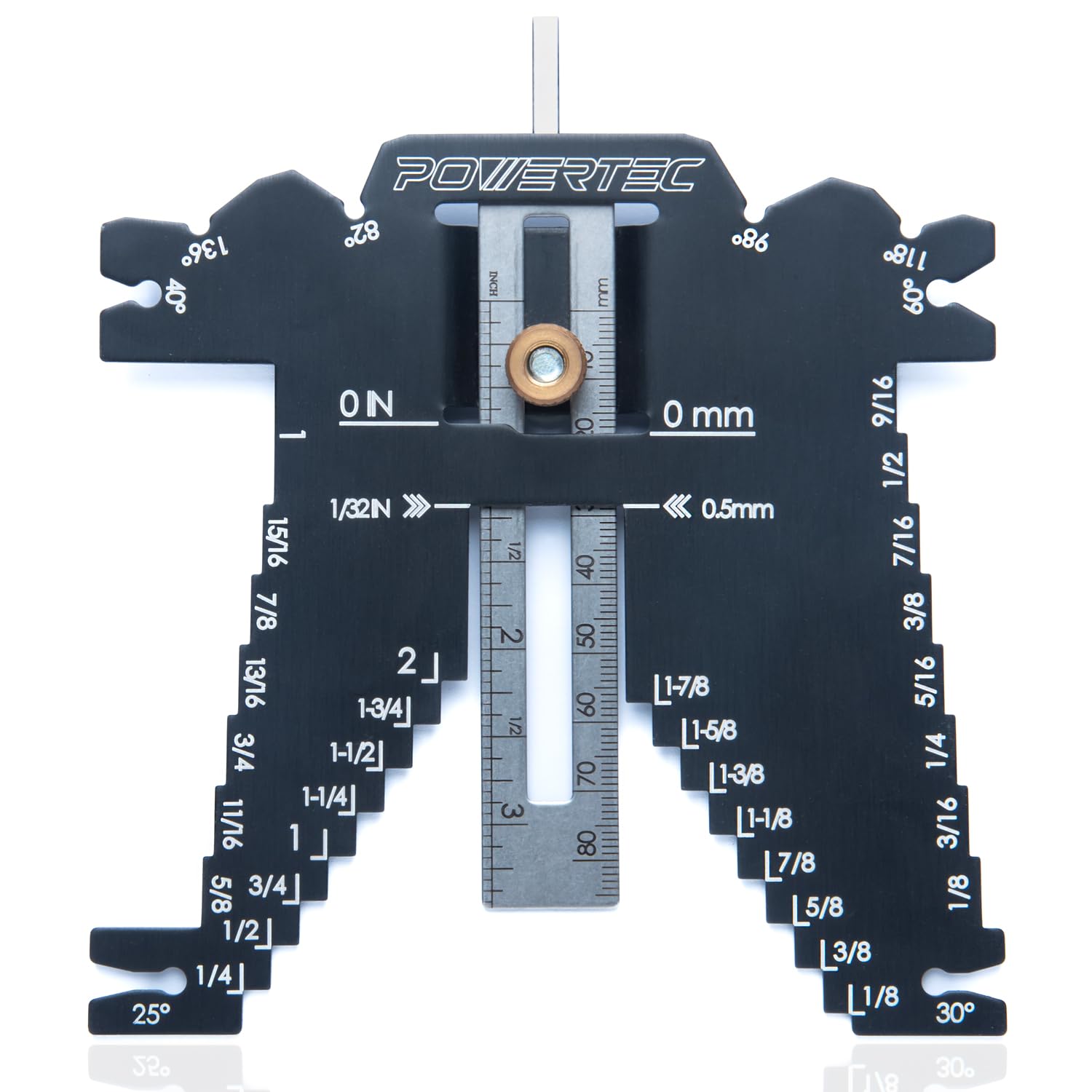 POWERTEC 80023 Universal 5-in-1 Measuring Gauge Woodworking Tool - Drill Point, Chisel Angle, Height, Bit and Depth Gauge for Table Saw Router - WoodArtSupply