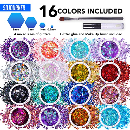 Chunky Holographic Body Glitter I 16 Colors + Glitter Glue for Face Glitter Makeup, Hair, Eye & Fine Glitter Eyeshadow - Perfect for Halloween, SoJourner Bags