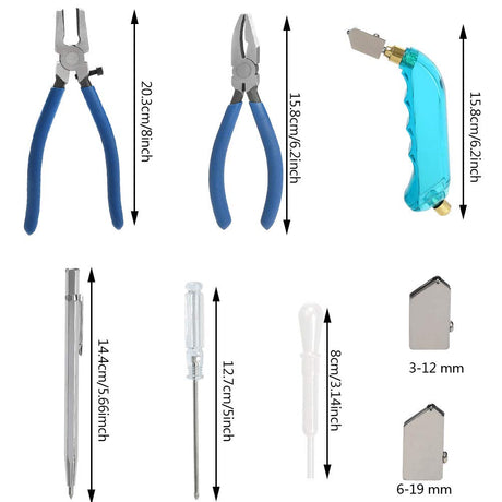 YOTINO Glass Cutting Tool Kit Includes Blue Grip Oil Feed Glass Cutter with 2 pliers, 3 Extra Replacement Head, Tungsten Scribe Engraving Pen, YOTINO