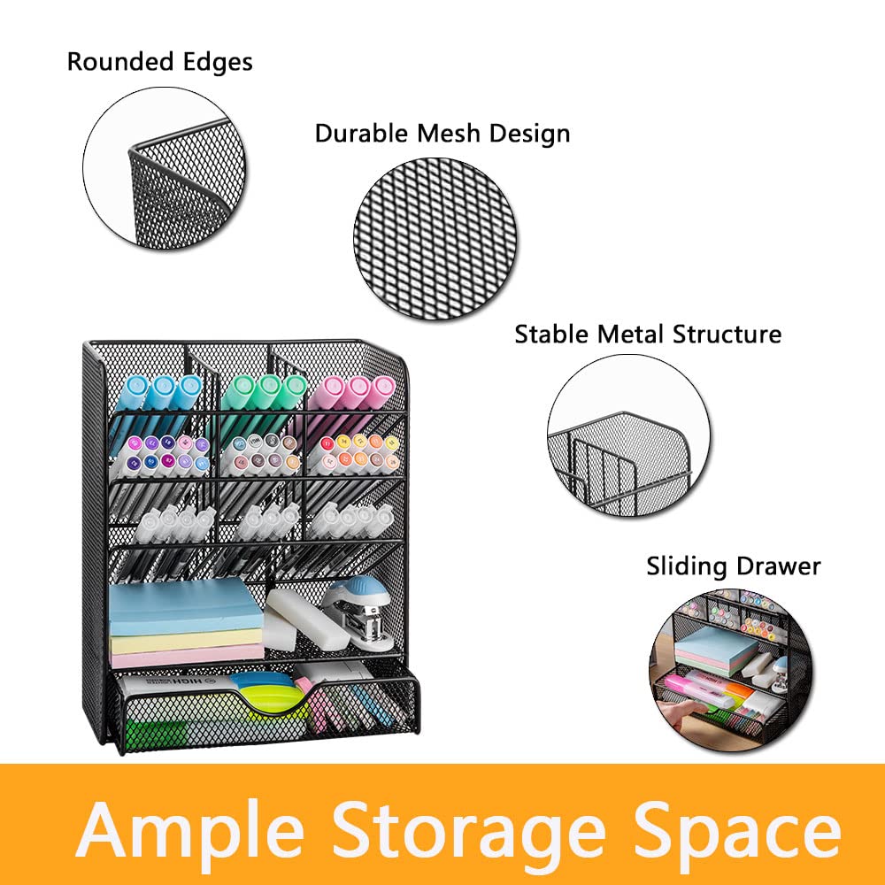 Spacrea Metal Pen Organizer, Pencil Holder for Desk, Desk Organizer with Drawer for School, Home, Art Supplies (Black) Spacrea