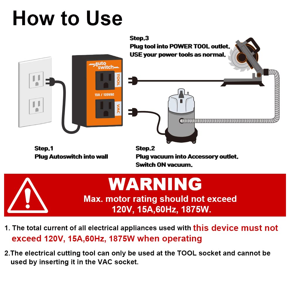 O'SKOOL Automatic Vacuum Switch Allows Power Tool to Turn Vacuum/Accessory on and Off Automatically O'SKOOL