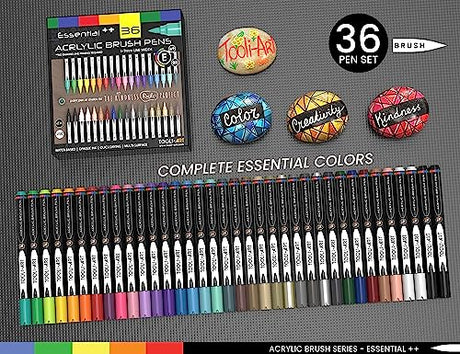 36 Flexible Brush Tip Acrylic Paint Pens Markers Set 1-7mm Line for Rock Painting, Brush Lettering, Scrapbooking, Glass, Mugs, Wood, Metal, Canvas, TOOLI-ART