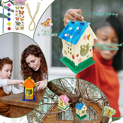3 Pack Fun Animal DIY Birdhouse Kit for Kids to Build and Paint, Include 3 Unfinished Wooden Bird House, Paint Strips & Brush, Stickers for Girls