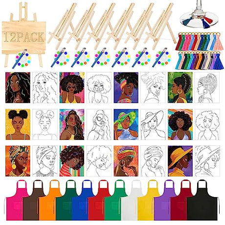 Xtinmee 12 Sets Afro Girl Painting Kit Bundle Include Wood Easels Pre Drawn Drawing Board Nylon Brush Palettes Plain Aprons Tassels and Metal Ring Xtinmee