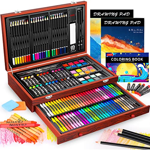 Caliart Art Supplies, 153-Pack Deluxe Wooden Art Set Crafts Drawing Painting Coloring Supplies Kit with 2 A4 Sketch Pads, Halloween Creative Gift Box