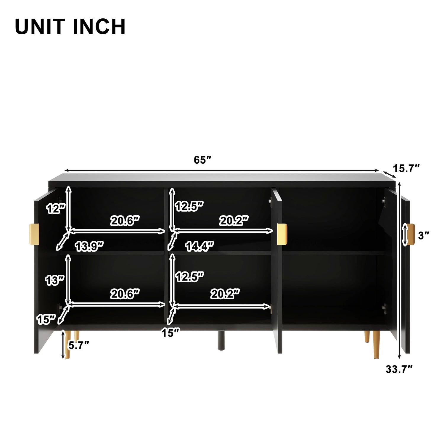 XD Designs Multi-Functional 65'' Accent Buffet Sideboard Storage Cabinet with Adjustable Shelves and Metal Legs, TV Stand for up to 70 inch, Console XD Designs