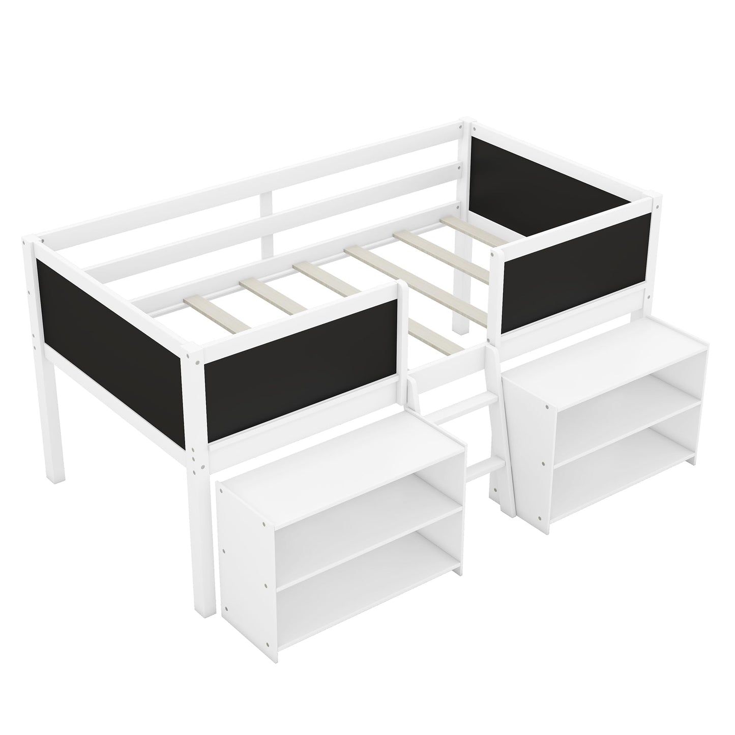SOFTSEA Twin Size Low Loft Bed with Two Movable Shelves and Ladder, Wooden Loft Bed with Decorative Guardrail and Chalkboard for Kids, Whtie