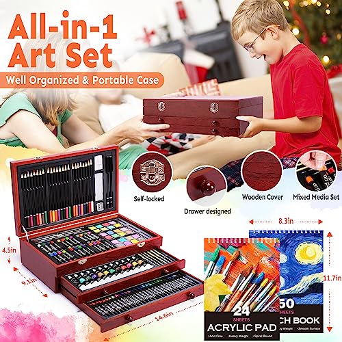 COOL BANK 175 Piece Deluxe Art Supplies, Art Set with 2 A4 Drawing Pads, 24  Acrylic Paints, Crayons, Colored Pencils, Art Kit for Adults Artist