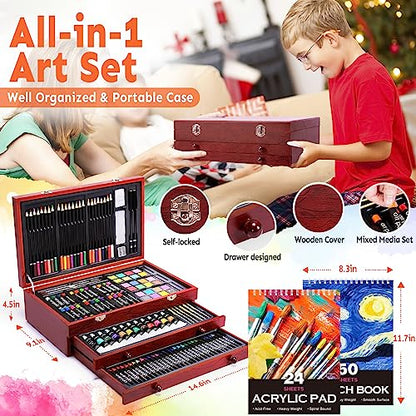175 Piece Deluxe Art Supplies, Art Set with 2 A4 Drawing Pads, 24 Acrylic Paints, Crayons, Colored Pencils, Art Kit for Adults Artist Beginners Kids