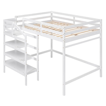 Harper & Bright Designs White Full Size Loft Bed with Stairs, Hanging Rod, and Storage Shelf for Kids - WoodArtSupply