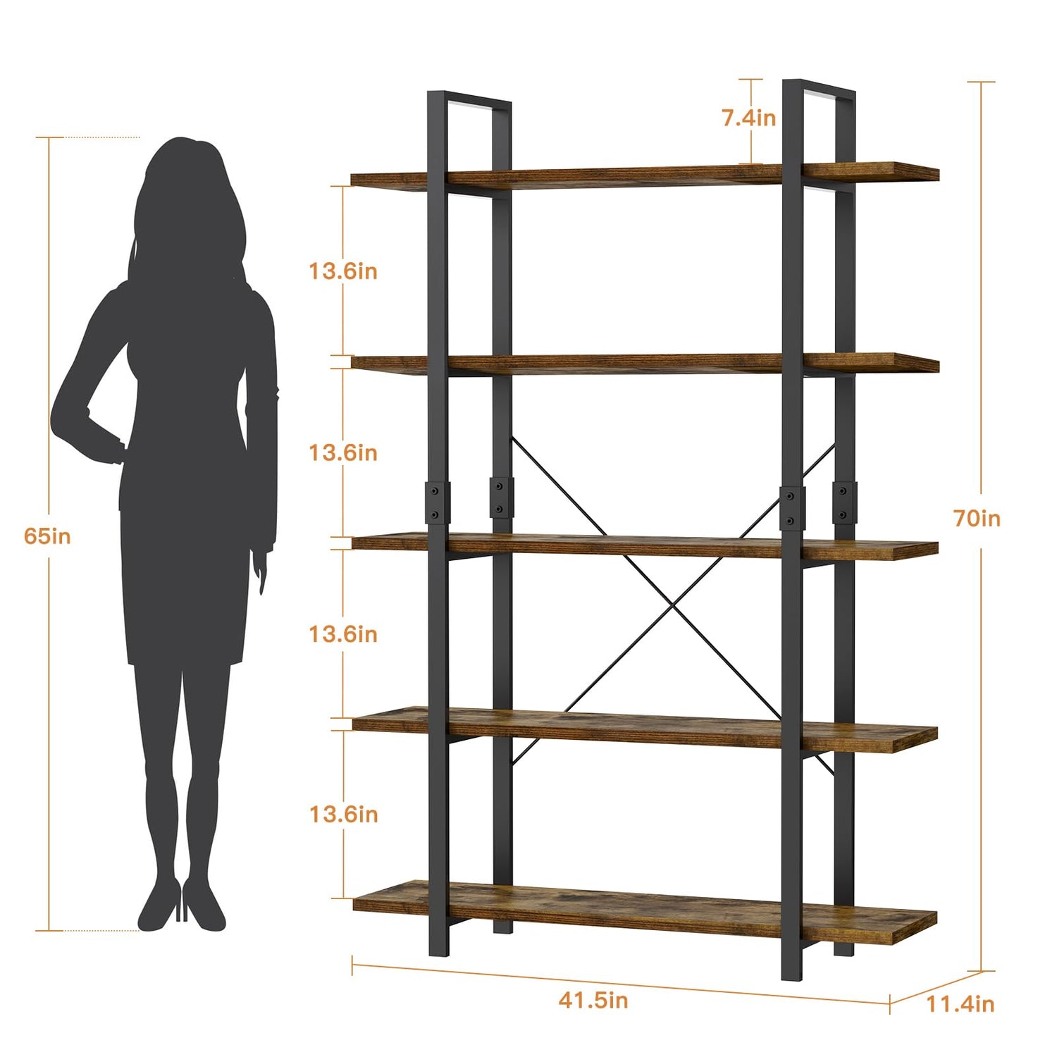 FRAPOW 70-Inch Rustic Brown 5-Tier Industrial Bookshelf with Metal Frame FRAPOW