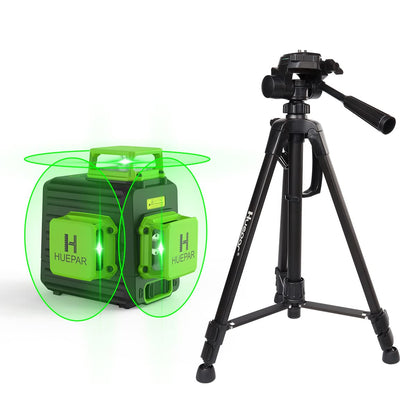 Huepar 3x360 Self-leveling Cross-Line Laser Level, 3D Green Beam Three-Plane Leveling and Alignment Laser Tool with 47" Lightweight Extendable Tripod - WoodArtSupply