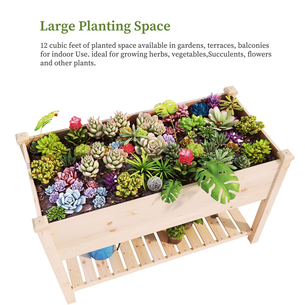 BIRASIL Outdoor Wood Raised Garden Bed, Elevated Reinforced Large Planter Box with Storage Shelf for Vegetable Flower Backyard Patio Gardening BIRASIL