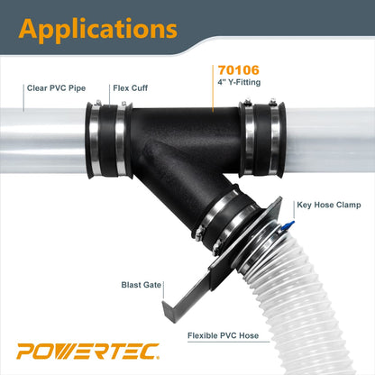 POWERTEC 70106 4-Inch Y-Fitting Dust Collection Hose Connector , Black