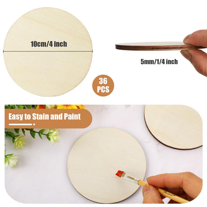 36 Pcs 4 Inch Wood Circles Unfinished Round Wooden Discs Blank Wood Rounds Natural Wood Round Cutouts Slices for DIY Crafts Coaster Painting Staining