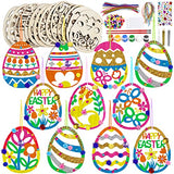 36 Wooden Easter Ornaments Decorations, DIY Easter Wood Craft Kits Assorted Paintable Unfinished Wood Easter Pendants Pom-poms Glitter Pipe Cleaners OBUSATT