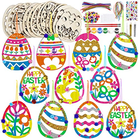 36 Wooden Easter Ornaments Decorations, DIY Easter Wood Craft Kits Assorted Paintable Unfinished Wood Easter Pendants Pom-poms Glitter Pipe Cleaners OBUSATT