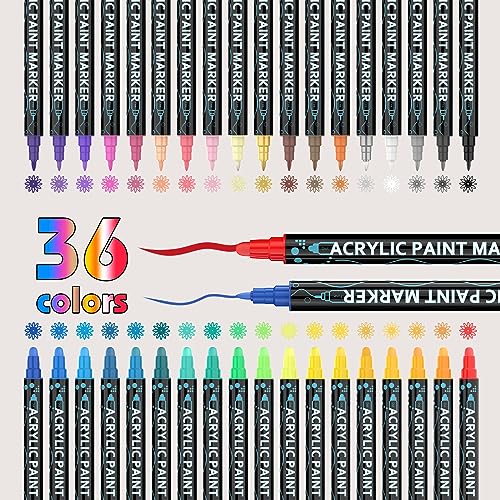 36 Colors Acrylic Paint Pens, Dual Tip Paint Markers with Fine Tip and  Round Tip, Premium Paint Pens for Stone, Wood, Paper, Canvas, Fabric,  Glass