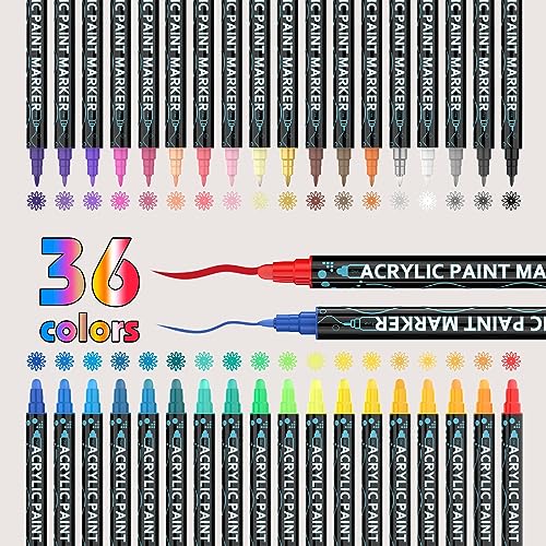 36 Colors Acrylic Paint Pens, Dual Tip Paint Markers with Fine Tip and Round Tip, Premium Paint Pens for Stone, Wood, Paper, Canvas, Fabric, Glass,