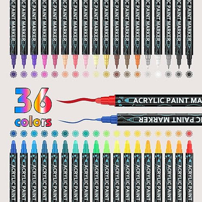 36 Colors Acrylic Paint Pens, Dual Tip Paint Markers with Fine Tip and Round Tip, Premium Paint Pens for Stone, Wood, Paper, Canvas, Fabric, Glass,