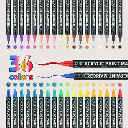 36 Colors Acrylic Paint Pens, Dual Tip Paint Markers with Fine Tip and Round Tip, Premium Paint Pens for Stone, Wood, Paper, Canvas, Fabric, Glass, - WoodArtSupply