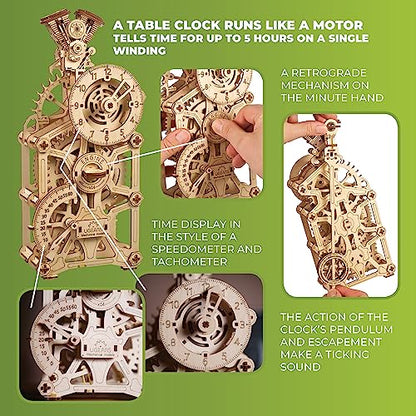 UGEARS Engine Clock 3D Puzzle - Wooden Model Kits for Adults – 3D Wooden Models to Build - DIY Mechanical Wooden Pendulum Clock Puzzle with Moving