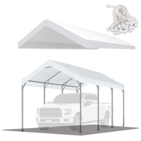 TGEHAP 10'x20' Carport Replacement Top Canopy Cover White for Car Garage Top Tarp Shelter Waterproof & UV Protected w/Ball Bungees (Only Top Cover, TGEHAP