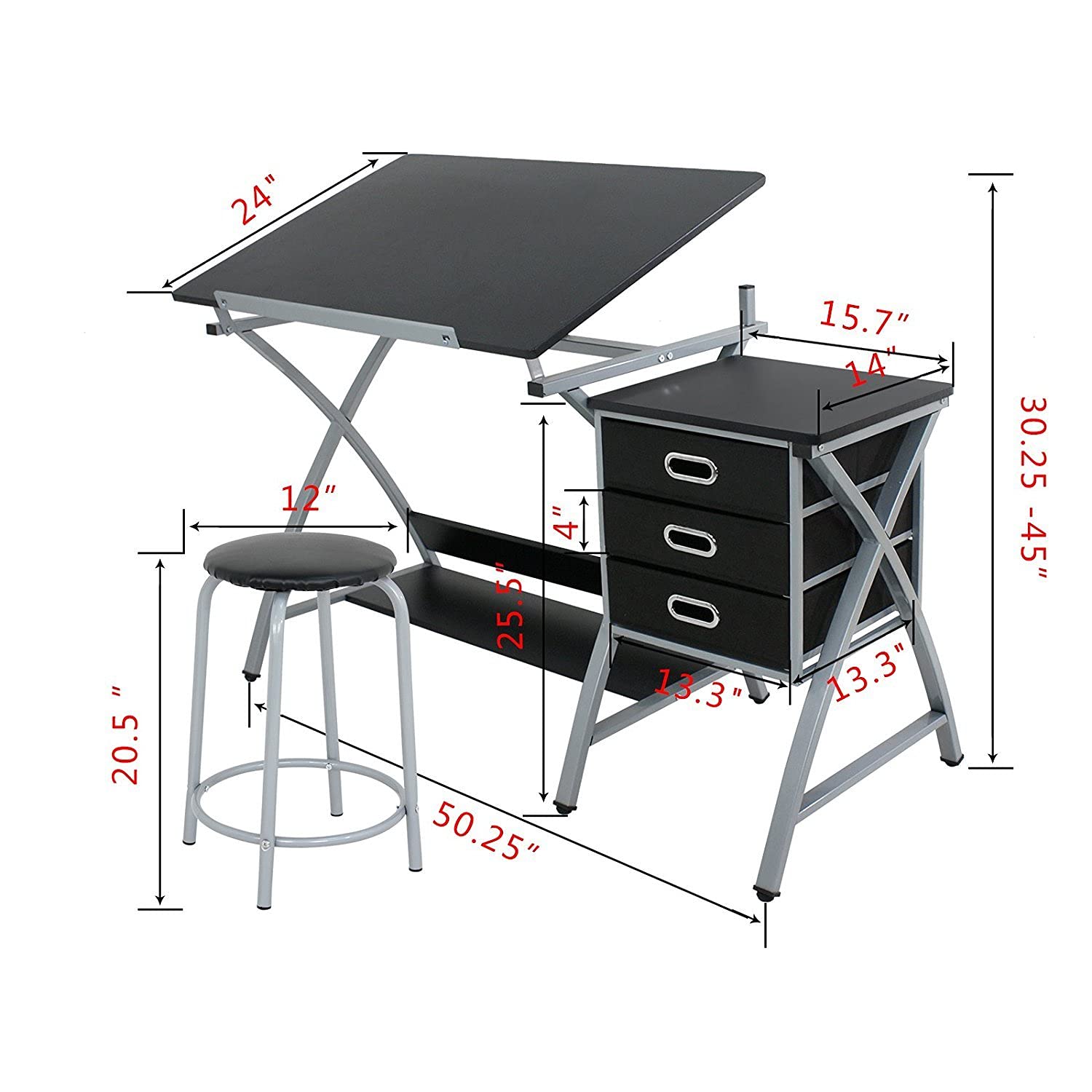ZENY Drafting Table and Stool Set Tabletop Tilted Drawing Table Drafting Desk w/Drawers Artists Workstation, Art Craft Supplies ZENY