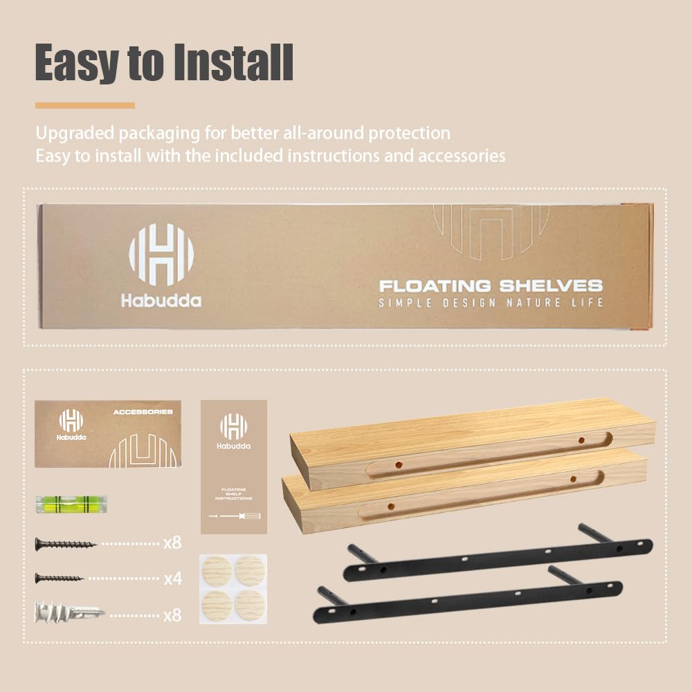 Habudda Floating Shelves, Wooden Wall Shelf for Rustic Decor, Hanging Display Shelving for Bedroom Bathroom Kitchen Living Room, Natural Wood, Habudda