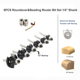 SICWOOD 6pcs Roundover Router Bit Set - Round Over Router Bits 1/4 Shank with 6 Bearings 3/8", Carbide Corner Rounding Edge-Forming Bit, for Round SICWOOD