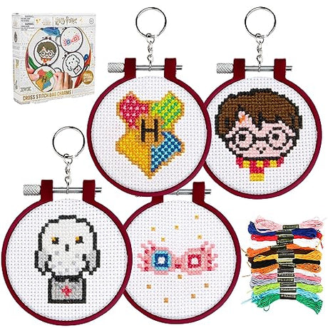 Harry Potter Stamped Cross Stitch 4 Pack, Embroidery Starter Kit for Beginners, Four Patterns, Fun & Easy Backpack Charms Craft Activity for Fans Paladone