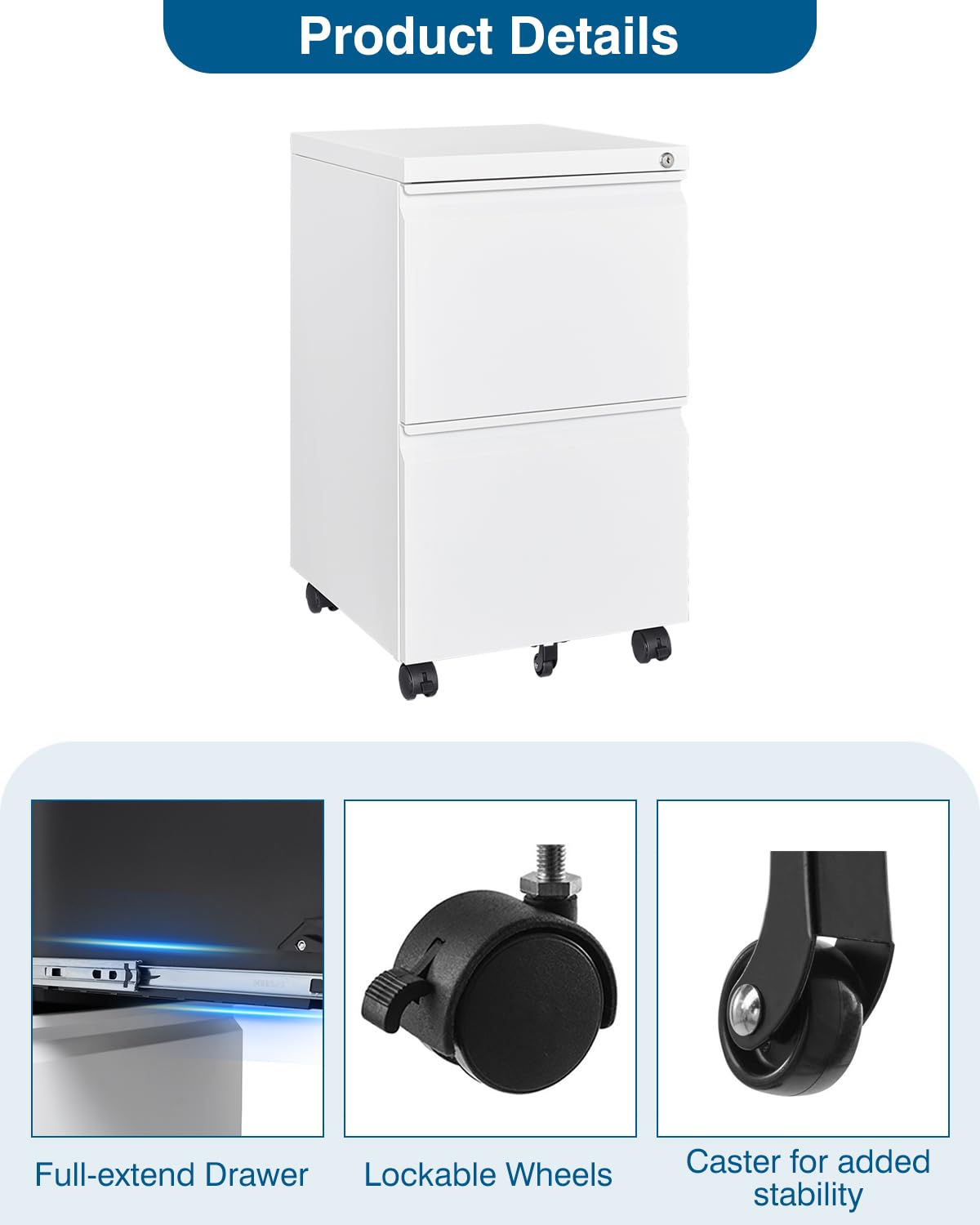 PEUKC 2 Drawer File Cabinet with Lock, Metal Under Desk Rolling Filing ...