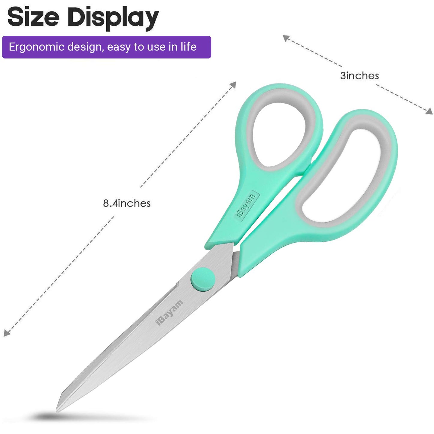 Scissors, iBayam 8" All Purpose Scissors Bulk 3-Pack, Ultra Sharp 2.5mm Thick Blade Shears Comfort-Grip Scissors for Office Desk Accessories Sewing - WoodArtSupply