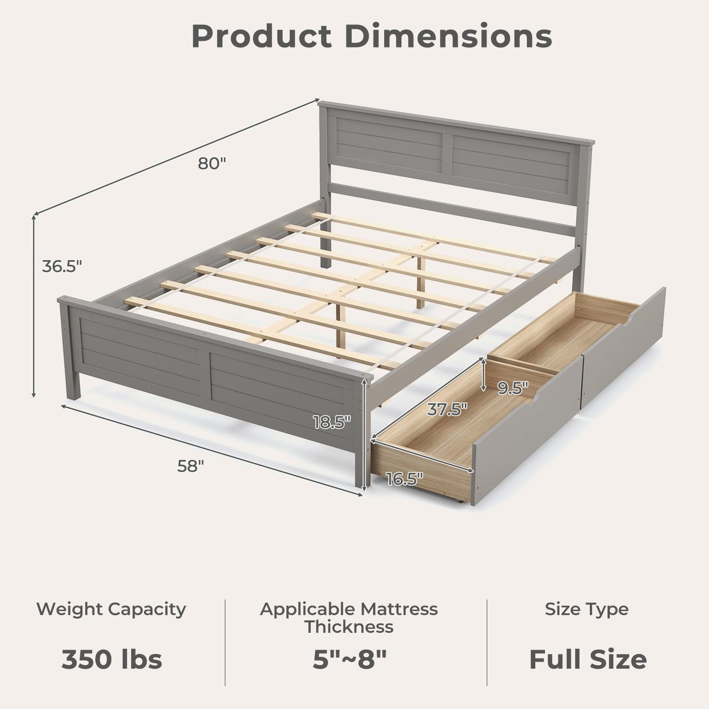 Giantex Wood Full Size Bed Frame with 2 Storage Drawers, Solid Wood Platform Bed with Headboard, Wooden Slats Mattress Foundation, No Spring Needed,