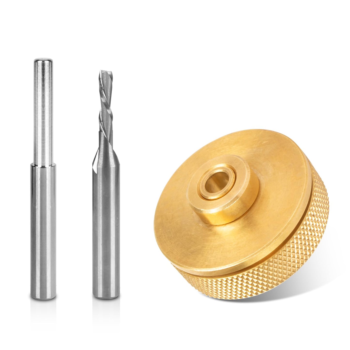 71333 Solid Brass Router Inlay Set for 1/4 Templates High RPM Routing, Includes 1/8" Carbide Spiral Bit + 1/4 Shank, Universal Quick Change Bushing,