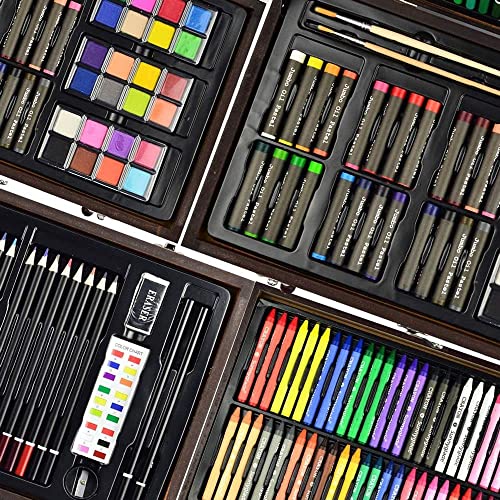 Sunnyglade 145 Piece Deluxe Art Set, Wooden Box & Drawing Kit with Crayons, Oil Pastels, Colored Pencils, Watercolor Cakes, Sketch Pencils, Paint Sunnyglade