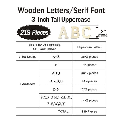 3 Inch 219 Pieces Wood Unfinished Letters Unpainted Wooden Surface Alphabet Letters for Hobby DIY Crafts