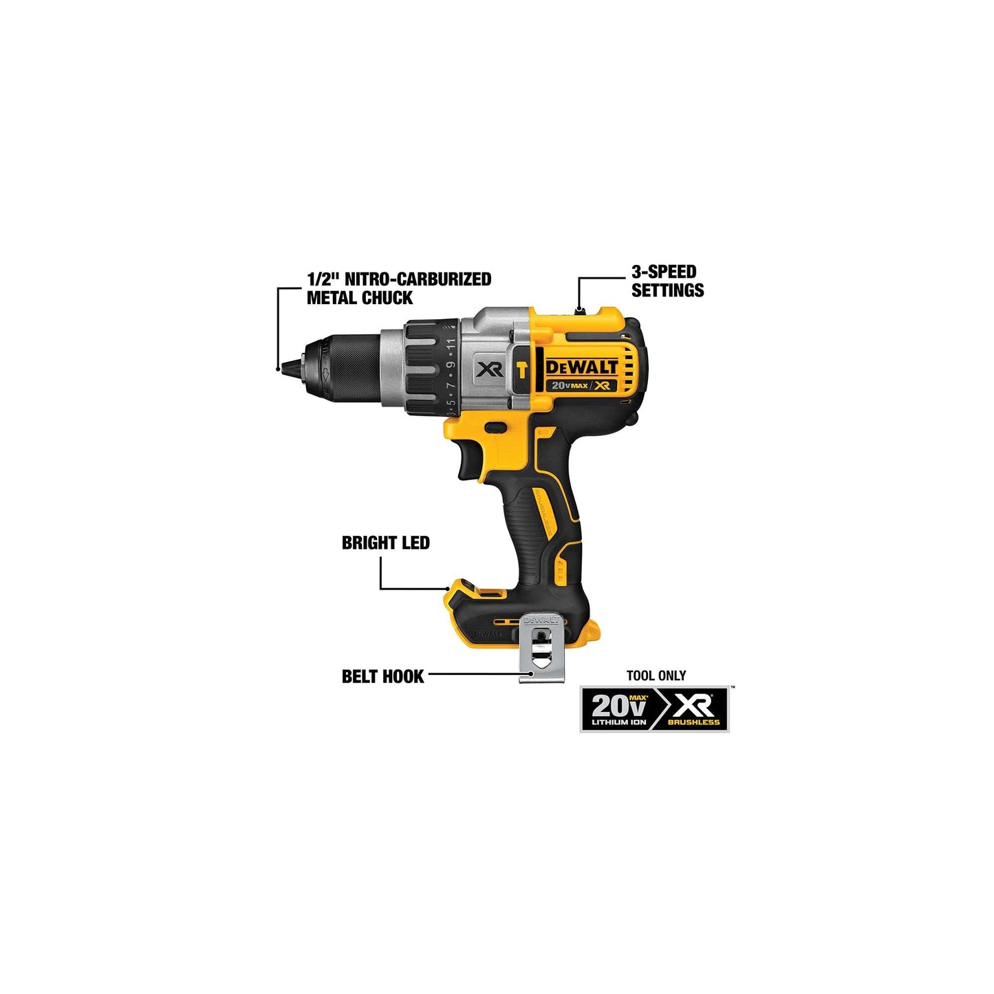 DEWALT 20V MAX XR Hammer Drill, Brushless, 3-Speed, Tool Only (DCD996B), Battery Powered, Yellow/Black