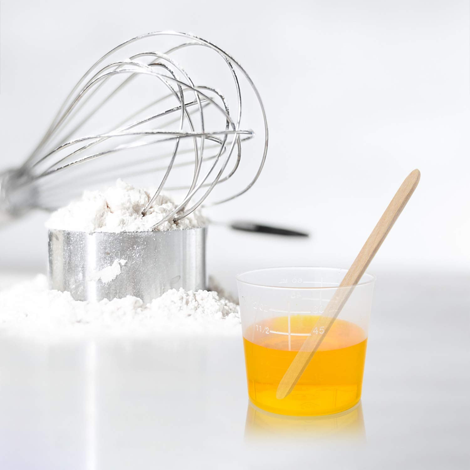 Coopay 50 Pack 60ml/2oz Plastic Graduated Cups Transparent Scale Cups Clear Epoxy Mixing Cups with 100 Pack Wooden Stirring Sticks for Resin, Epoxy, Coopay