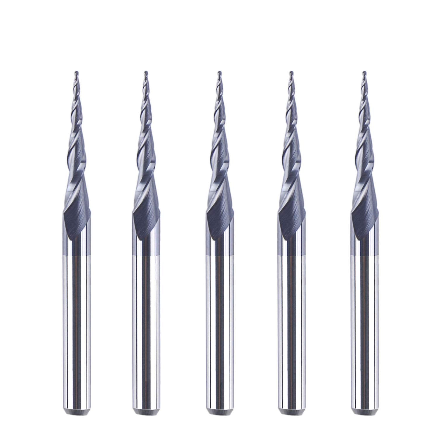 SpeTool 5Pcs Tapered Ball Nose Carving End Mill 1/8 inch Shank 0.25MM Radius (0.5MM Diameter) Tips 3D Woodworking Tool CNC Router Bits SpeTool