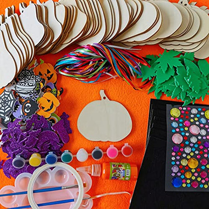 Winlyn 63 Sets Halloween Craft Kits Fall Crafts DIY Wooden Pumpkin Ornaments Decorations Art Sets Unfinished Wood Pumpkins Halloween Stickers for