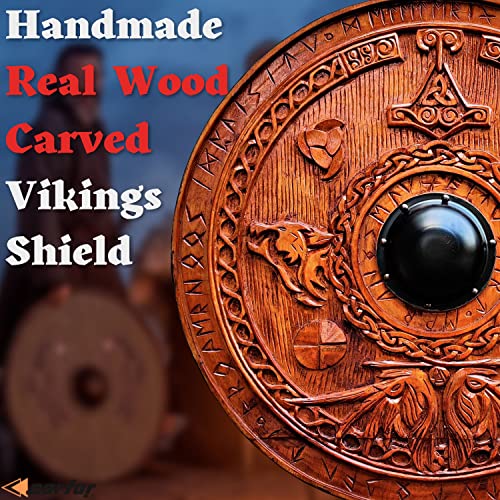 Carfar Medieval Vikings Era Full Adult Size 30inch Warrior Shield Handmade Natural Wood Carved Battle Play Halloween Cosplay (Leif Erikson) Carfar