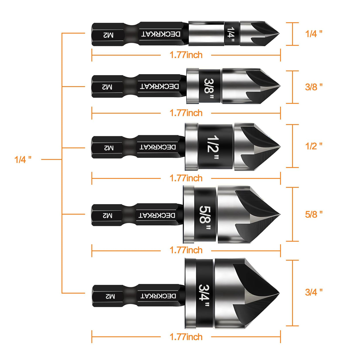 5 Pcs Countersink Drill Bit Set, Industrial Grade M2 High-Speed Steel, 82 Degree, 5 Flute with 1/4” Quick Change Hex Shank, 1/4" to 3/4" Size for DECKRKAT