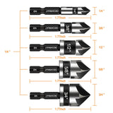 5 Pcs Countersink Drill Bit Set, Industrial Grade M2 High-Speed Steel, 82 Degree, 5 Flute with 1/4” Quick Change Hex Shank, 1/4" to 3/4" Size for DECKRKAT