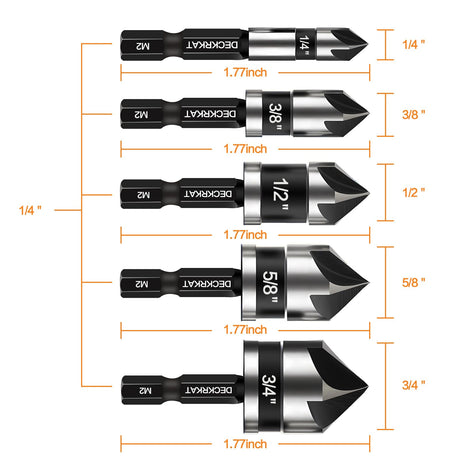 5 Pcs Countersink Drill Bit Set, Industrial Grade M2 High-Speed Steel, 82 Degree, 5 Flute with 1/4” Quick Change Hex Shank, 1/4" to 3/4" Size for DECKRKAT