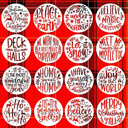 16Pcs Small Christmas Stencils for Painting on Wood, 4 Inch Round Reusable Mini Christmas Ornament Stencils Holiday Christmas Craft Stencils for DIY Wood Slice Glass Cards Coasters Cookie